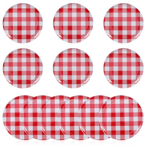 Luxshiny Red Gingham Jar Lid 12pcs Decorative Canning Caps Checkered Cover for Pickle, Chutney, Honey, Jam, Jelly - Metal Split-type Replacement Lids for Food Storage