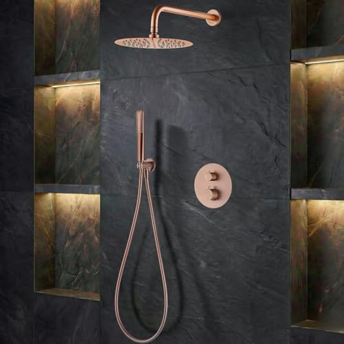 IMEX - Ducha Empotrada Termostática Oro Rosa | Kit de Grifería Empotrado con Alcachofa y Rociador Antical Efecto Lluvia | Columna Ducha Empotrada con Grifo en Latón y Acero Inox S.304 | Serie Nápoles