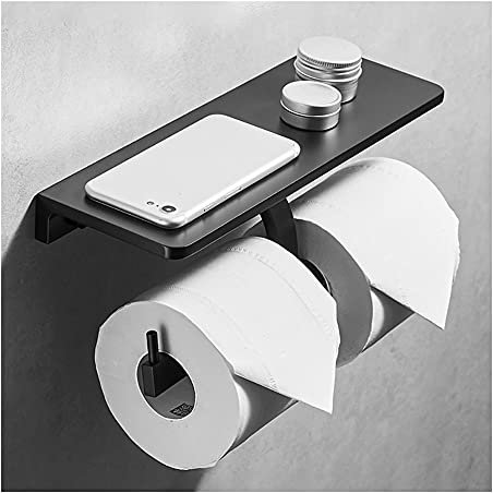 Badezimmer-Toilettenpapierhalter mit Ablage, Doppelrollen-Toilettenpapierhalter, doppelte Wandmontage für die Telefonaufbewahrung, Toilettenpapier, Toilettenpapierhalter-Ständer (Farbe: Schwarz)