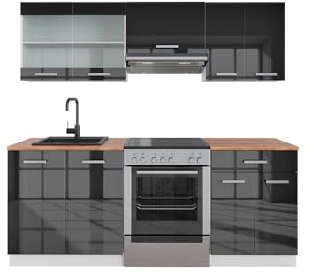 Vicco Küchenzeile R-Line, Küchenblock, Anthrazit Hochglanz/Weiß, 200 cm, AP Eiche