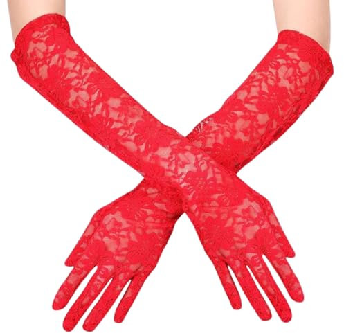 Generisch Damen Lange Spitzenhandschuhe Vintage Spitzen Brauthandschuhe Abendhandschuhe für Hochzeit Oper Karneval Kostümparty Damen Accessoires (Rot)
