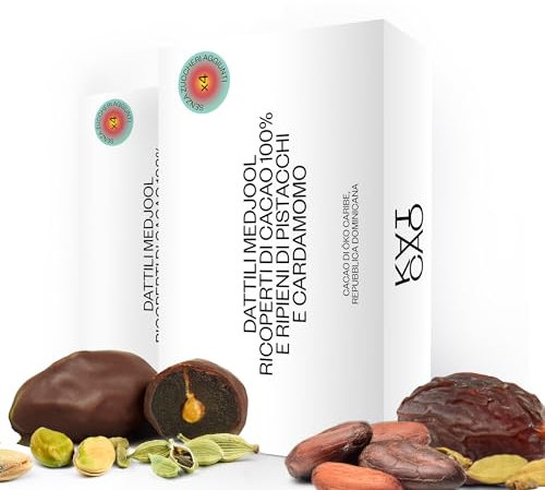 Kaicao Dátiles Medjool - Rellenos de Pistacho y Cardamomo, Cubierto con Chocolate 100% Cacao Origen Oko, República Dominicana - Sin Azúcar Añadida - Snack Saludable - Dátil - Pack de 8 Dátiles