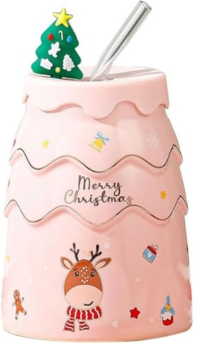 MAGICVOGEL Keramik Weihnachtsbecher mit Strohhalm und Deckel Süße 3D Weihnachtsbaum Form Kaffeetasse Weihnachtstasse Geschenk Trinkbecher für Weihnachten Neujahr Geburtstag (Rosa)