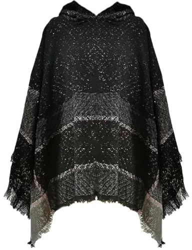 TBSCWYF Poncho en Tricot pour Femmes Elégant Pull Cape Poncho Femme à Capuche Irrégulière Frange Casual Pull-Over Cape Poncho en Polaire Rayée Châle Épais et Chaud à Mode Automne Hiver Poncho Châle