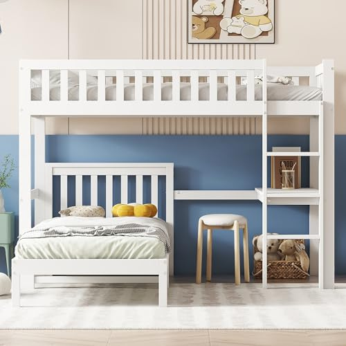 Dolamaní Etagenbett 2 Personen 90x200 cm für Kinder & Jugendliche Teilbar Hochbett & flaches Bett, Kinderbett mit Schreibtisch & Rausfallschutz, Rahmen aus Kiefer (Weiß)
