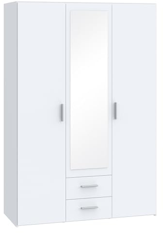Forte TELANE Kleiderschrank 130, moderner Drehtürenschrank, 3-türig, 2 Schubladen, Spiegel, Schlafzimmer, Holzwerkstoff, Weiß, 131,1 cm breit x 195 cm hoch x 54,2 cm tief