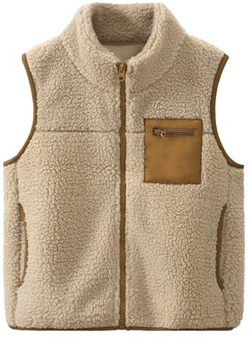 ANIMQUE Bebé Forro Polar Chaleco Espesar Muchachos Chicas Niños Sin Mangas Cuello Alto Cremallera Chaqueta Padre-Hijo Tapas Bloques de Color Bolsillos Abrigos, Caqui 110
