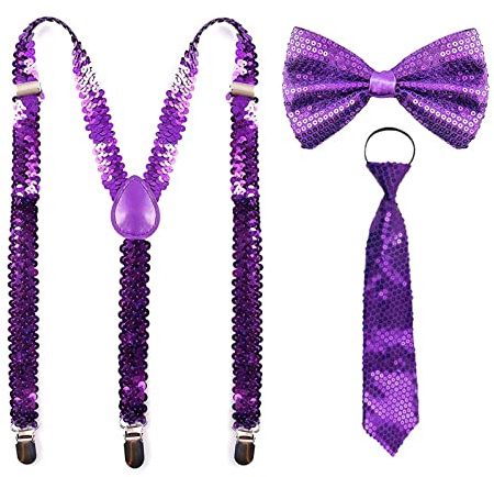 Generisch Pailletten Hosenträger Set, Glitzer Pailletten Fliege, Binden und Hosenträger Set, Einstellbar Elastisch für Herren Damen Karneval Mottoparty Kostüm Jazz Dance Show Party Zubehör