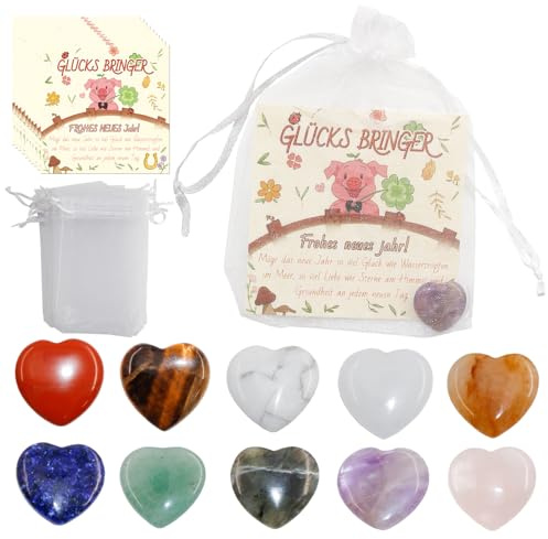 Znnhnn 10x Glückssteine für Kinder, Bunte Glücksbringer Steine | mit Grußkarte und Organza Beutel, Glücksbringer Silvester Kinder, Bunte Herzen Steine Set, Give Away Silvester Mitgebsel