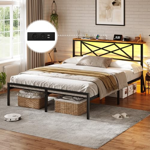 DICTAC Lit Double 140x190 en Métal, Lits avec tête LED et 2Ports USB et Prise de Courant, Cadre de lit sommier 140x190 en métal avec Étagères de Rangement, 32cm Espace de Rangement,Marron Vintage