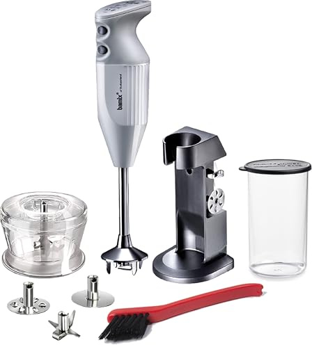 bamix Set mixeur plongeant M200 Chef’s favorite avec support, récipient, 3 embouts, hachoir, brosse de nettoyage, 200 W, Fabriqué en Suisse, Blanc/gris clair