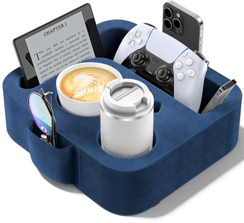 Couch Cup Holder Pillow with L-Shaped Tablet Slot, Sofa Cup Holder Tray for iPad, Kindle, Switch, Phone & Drink Holder, Non-Slip Couch Organiser for Sofa, Bed, Desk, Blue