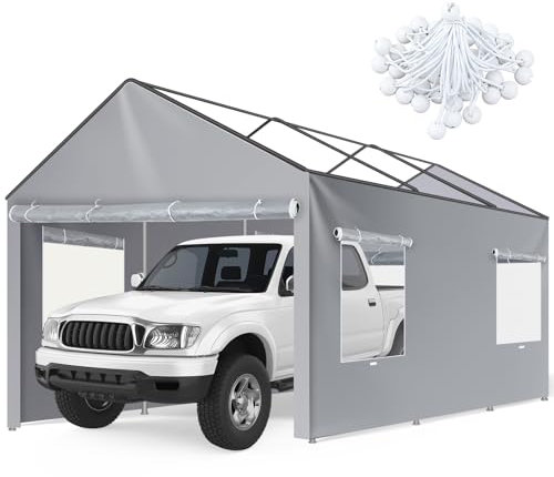 SmoothNovelty 10x20ft Canopy Sidewalls Only Carport Frame Replacement Sidewall Cover with Roll-up Windows Doors, UV Resistant Waterproof All-Season Tarp with 40 Straps Ideal for Garage Storage, Gray