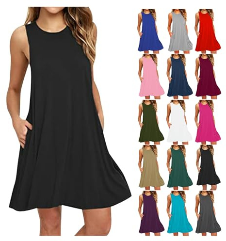 EMATOP Damen Kleider Elegant Kurzer Shirtkleid Lässiges Ärmellos Sommerkleid Knielang Minikleid Baumwolle Einfarbig Strandkleid Leicht Bequem Freizeitkleid mit Taschen T-Shirt A Linie Kleid