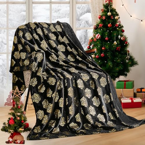 WONGS BEDDING Weihnachtsdecke Kuscheldecke 150x200 cm Sherpa Decke Flauschig Weihnachts, Wohndecke Schneeflocken WarmDecke Wohndecke Blanket für Bett Sofa Schlafzimmer Büro, Schwarz