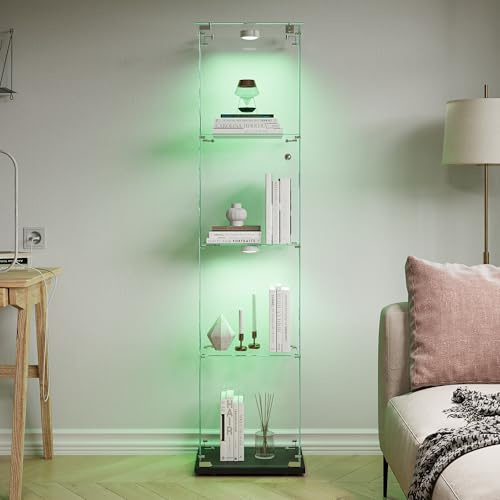HYTKKBD Stående glasvitrinskåp, premium samlarvitrin med knackljus/LED, 360° panoramablick och tippskydd för vardagsrum, kontor, lekrum (svart, monter med en dörr, 4 nivåer + knackljus)