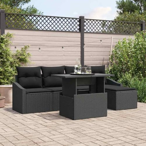 Qnhdfrt Garten-Sofa-Set Outdoor Schwarz Poly-Rattan mit Kissen, 6-teiliges Lounge-Set für Terrasse, Balkon und Garten, modernes Design, wetterfest und platzsparend