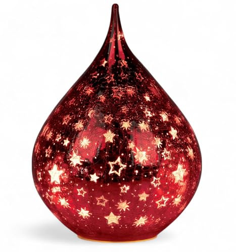 formano LED Deko Farbglas Tropfen Sterne Rot 21 cm Glasleuchte in Crackle-Optik + Timer (6h an/18h aus), Batteriebetrieben. - Stimmungslicht Winter & Weihnachten Dekoleuchte für gemütliches Zuhause
