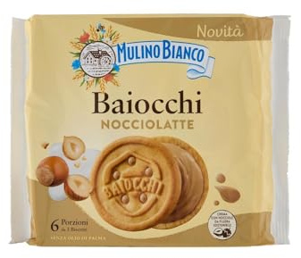 Mulino Bianco Biscotti Baiocchi Nocciolatte, Cialde di Pastafrolla Farcite con Crema alle Nocciole 100% Italiane da Filiera Sostenibile, Snack Ideali per Colazione o Merenda, Senza Olio di Palma, 168g