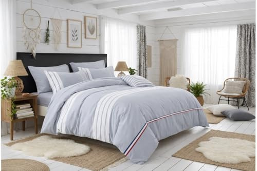 Set Letto Matrimoniale 4 Pezzi BOSALONI HOME – Copripiumino 220×230, Lenzuolo 160×200+35, 2 Federe 50×80 – Eleganza Moderna, Tessuto Morbido, Facile da Lavare – Grafite con Fasce Bianche