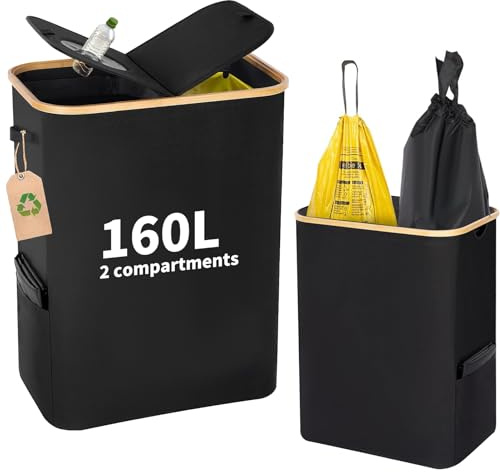 JaMalign Yellow Bag 2-in-1 Gelber Sack Ständer & Pfandflaschen Sammler, für 60–120 L Gelbe Säcke, Müllsackhalter mit Deckel, Leergut Sammelbehälter bis 160 Flaschen, Platzsparendes Müllsystem