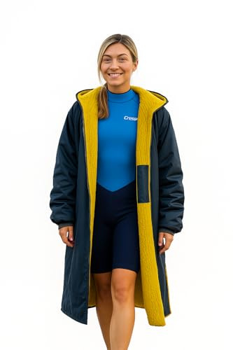 Velosso Unisex Waterproof Changing Robe, Long Sleeve Hooded Beach Coat with Phone Pocket, Windproof Swimming Surf Robe, Double Zip Closure, For Kids and Adults (Navy/Yellow)