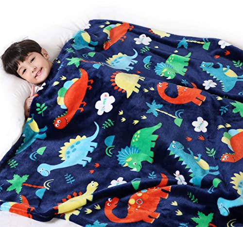 Dinosaurier Decke für Kinder, Kuschelige Dino Fleecedecke für Jungen und Mädchen, Weiche Flanell Decke mit Buntem Niedlichem Dinosaurier Design, Warme Kinderdecke Sofa Decke, (150 x 200 cm, Blau)