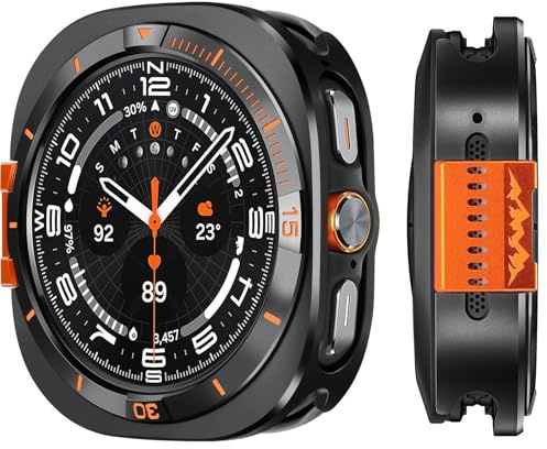 Suphart Metallskydd kompatibelt med Samsung Galaxy Watch Ultra Case 2025/2024, 2-i-1, skyddande robust stötfångare med bakram för Galaxy Watch 47 mm (svart/orange)