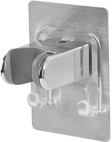 OFFO Soporte Ducha adhesivo, Soporte Alcachofa Ducha con Doble Gancho,Diámetro interior 21-24 mm, No Requiere Taladrar, Ajustable en Ángulo, Shower Head Holder de Mano, Cromo