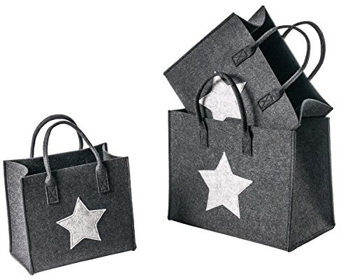 LA FIORE 24 3er Filztaschen Set mit Sternenmotiv Einkaufskorb Shoppingtaschen Zeitschriften Organizer Aufbewahrungshelfer Deko Handtasche Einkaufstasche Holzkörbe Magazinhalter (dunkelgrau)
