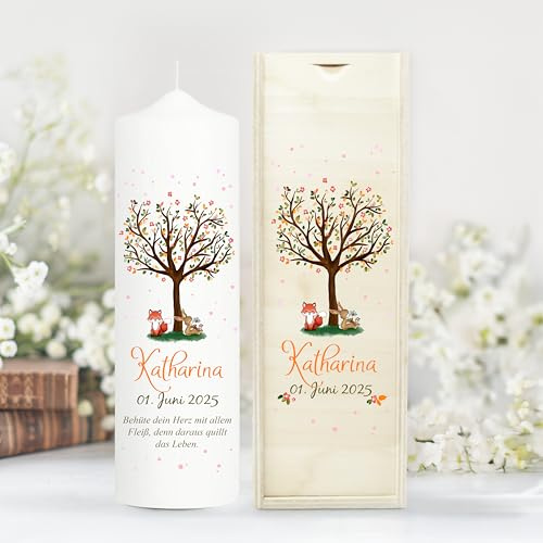 Wandtattoo Loft Taufkerze Mädchen Motiv Baum mit Hase und Fuchs, 25cm x 7cm, personalisierte Kerze, bedruckte Kerze zur Taufe, Stumpenkerze, individuelles Taufgeschenk