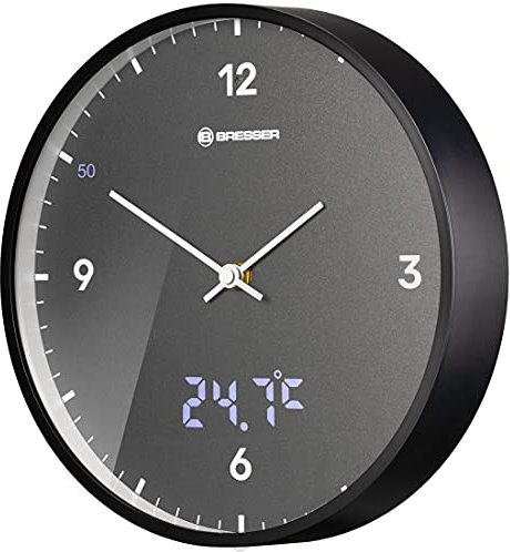 Bresser MyTime Wanduhr mit Funk ohne Tickgeräusche mit 24 cm großem Ziffernblatt, LED Sekundenanzeige, Innentemperatur und geräuschlosem Funkuhrwerk, grau