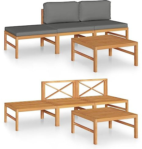 vidaXL Teak Massiv Gartenmöbel 4-TLG. mit Grauen Kissen Mittelsofa Tisch Fußhocker Sofa Gartensofa Lounge Sitzgruppe Garten Garnitur Gartenset