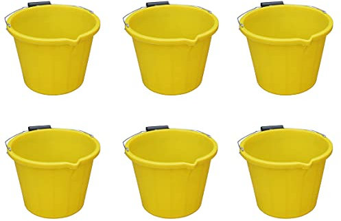 [𝐘𝐞𝐥𝐥𝐨𝐰,𝗦𝗲𝘁 𝗼𝗳 𝟲]- 3 Gallon 14 Litre Builders Bucket Strong Large Water Mixing Tub with Handle, Measuring Guide and Pouring Lip Gardening, Household -Made In U.K