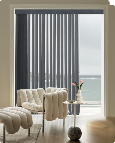 Graywind 100% Blackout Vertical Blinds Complete Set - Thermal Insulating & UV Protection Fabric, Made to Measure Privacy Slats & Track Kit with Wand Control for Windows Patio Doors, Dark Grey