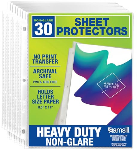 Samsill 30 Pack Heavy Duty Sheet Protectors, Non-Glare, 8.5x11 Inch Page Protectors for 3 Ring Binder, Letter Size Protectors, Reinforced Holes, Non-Glare Document Sleeve, Top Loading, Acid Free