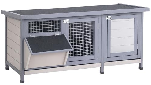PawHut Hasenstall Winterfest für Kaninchen 112x50x54 cm Grau+Schwarz | Kaninchenstall aus Holz, Kaninchenkäfig mit Bitumendach, 2 Türen, Metallgitter, Hasenkäfig für Meerschweinchen, Outdoor