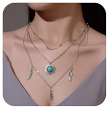 Yienate Boho Mehrlagige Türkisfarbene Halskette Silber Vintage Ethnische Sonnenblumenblätter Anhänger Halskette Perlenkette Choker Geschichtet Aussage Sonne Feder Anhänger Halskette Schmuck Für Frauen
