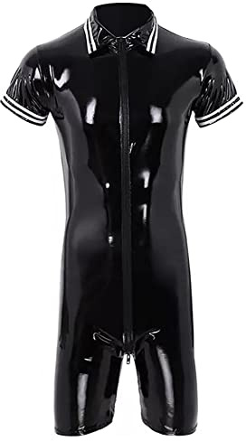 Maeau Catsuit für Herren, Lederanzug, Latex-Body, Tanktop, Wet-Look, Gymnastikanzug, Schwarz , XL
