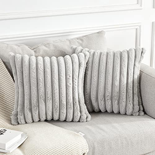 Joyouth 2er Set Doppelseitige Plüsch Samt Kissenbezüge Weiche Künstliche Pelz Kissenbezüge Dekorativ für Couch Sofa Schlafzimmer Wohnzimmer Zuhause 60x60 cm Hellgrau