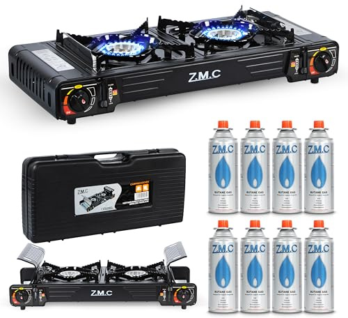 Z.M.C PREMIUM Camping Gaskocher 2-flammig + 8 Gaskartuschen 227g, Campingkocher mit Zündsicherung für Outdoor und Innenraum, Balkon Tisch Doppelgaskocher mit Piezozündung