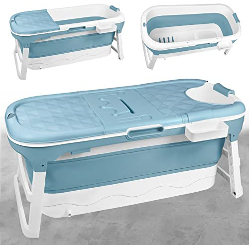 JNGLGO Baignoire pliable pour adulte XL 128 x 62 x 53 cm, Baignoire portable pliable avec couvercle, repose-tête et rouleau de massage, baignoire pliable pour salle de bains