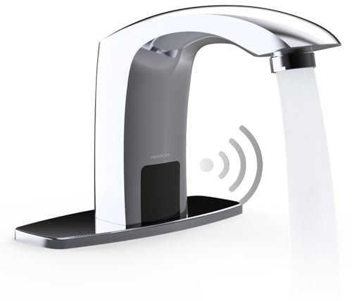 PRIMSOPH Automatic Motion Sensor Hands Free Electronic Infrared Smart Commercial Touchless Bathroom Sink Faucet with Cover Plate Temperature Mixer Battery or Plug-in Powered Chrome