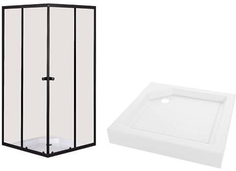 VBChome Duschkabine 90x90 Schwarz mit Duschwanne Quadrat Duschtasse Eckeinstieg Duschwand Schiebetür Duschabtrennung Klares Sicherheitsglas Dusche Duschtrennwand Quadrat 90x90 cm Schwarz
