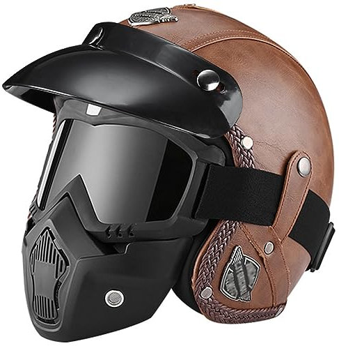 Motorrad-Jethelm mit Maske und Brille Retro-Jethelm mit Abnehmbarer Krempe ECE-zugelassener Schutzhelm für Erwachsene Halbschutzhelm für Männer und Frauen Cruiser Chopper 7,S(55-56CM)