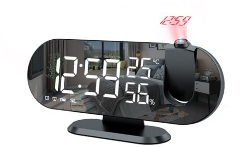 Topyond LED-Digital-Projektionswecker mit USB-Ladegerät, 180°-Projektor Für Deckenanzeige, Schlummerfunktion,Spiegeldisplay,Einschließlich Intelligenter Wecker, Spiegel, Ewiger Kalender