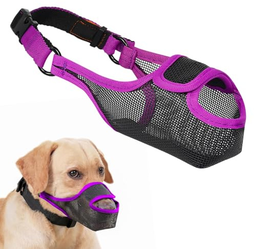 LUCKYPAW Dog Muzzle, Patented Mesh Muzzle for Large Medium Small Dogs Allows Full Pant Drinking Mouth Cover to Prevent Biting Chewing Scavenging Adjustable Breathable Mouth Guard(Purple,M)