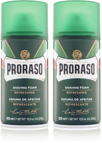 Proraso Mousse à raser, 300ml, Mousse à raser pour hommes rafraîchissante et tonifiante à l'huile d'eucalyptus et au menthol, Fabriqué en Italie, Vert (Lot de 2)