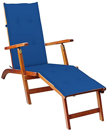 LAPOOH Liegestuhl mit Fußstütze und Auflage Akazie Massivholz, Gartenliege, Sonnenliege, Relaxliege, Deckchair, Terrassenstühle, Beach Chair, Saunaliege 3064024
