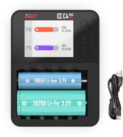 LIMETA R4 EVO Cargador de batería para el hogar, cargador rápido universal de 6 ranuras para baterías recargables 18650, AA, AAA, litio, Li-Ion, Li-FePO4, Ni-MH con cable USB